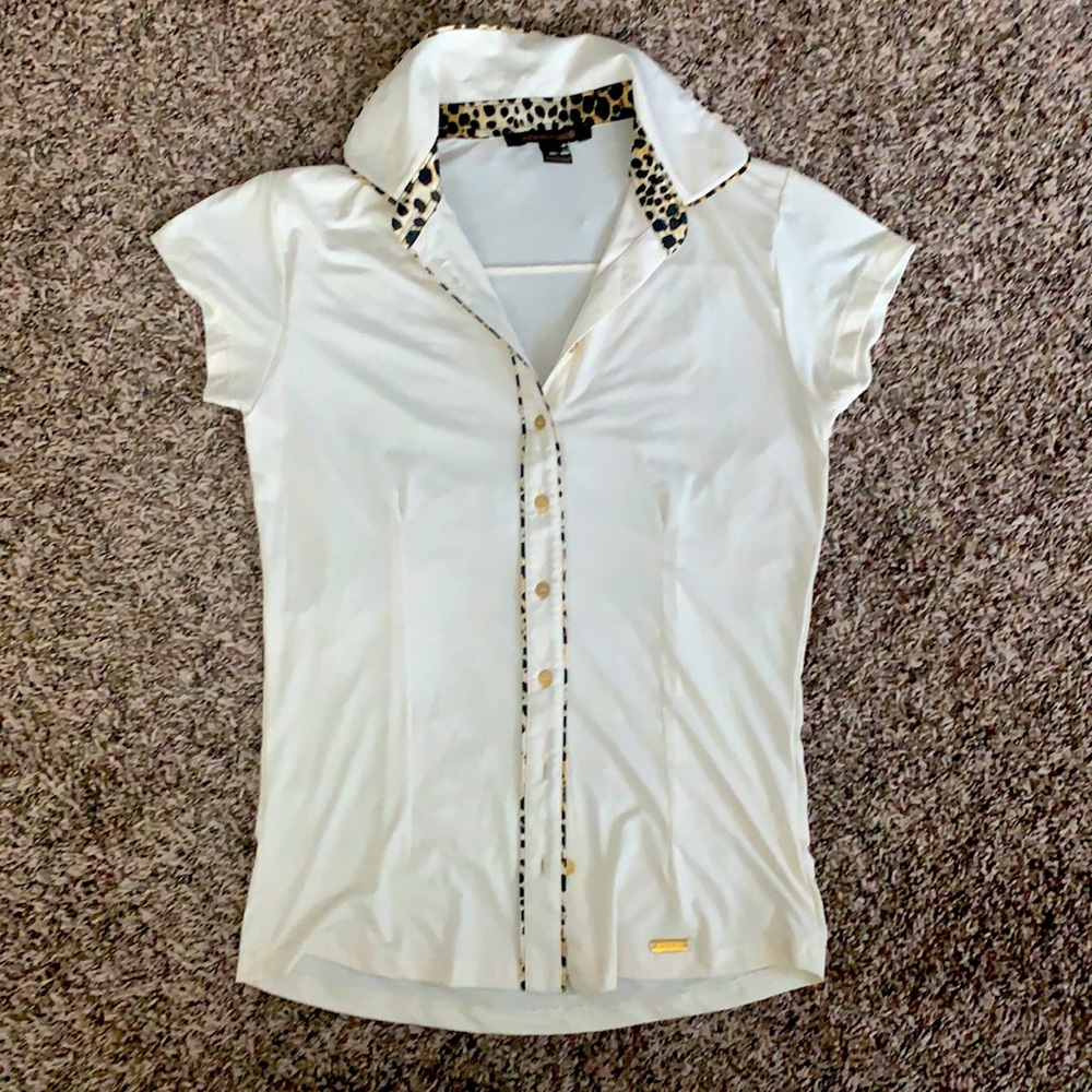 White with leopard trim collar shirt by Roberto Cavalli